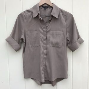 Express Taupe button up blouse with cuffed sleeves